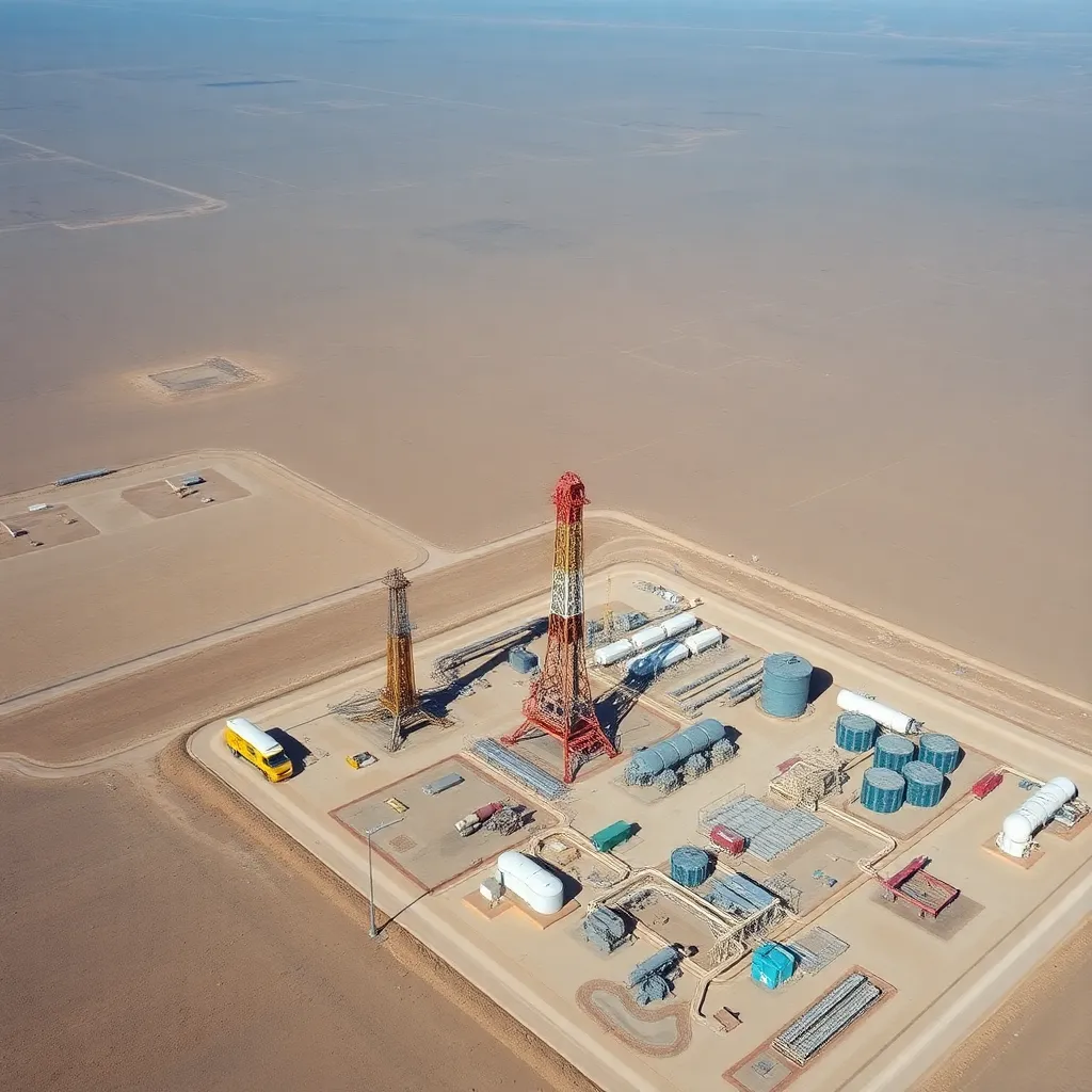 Vista aérea de instalaciones petroleras en Vaca Muerta con equipos de perforación y procesamiento