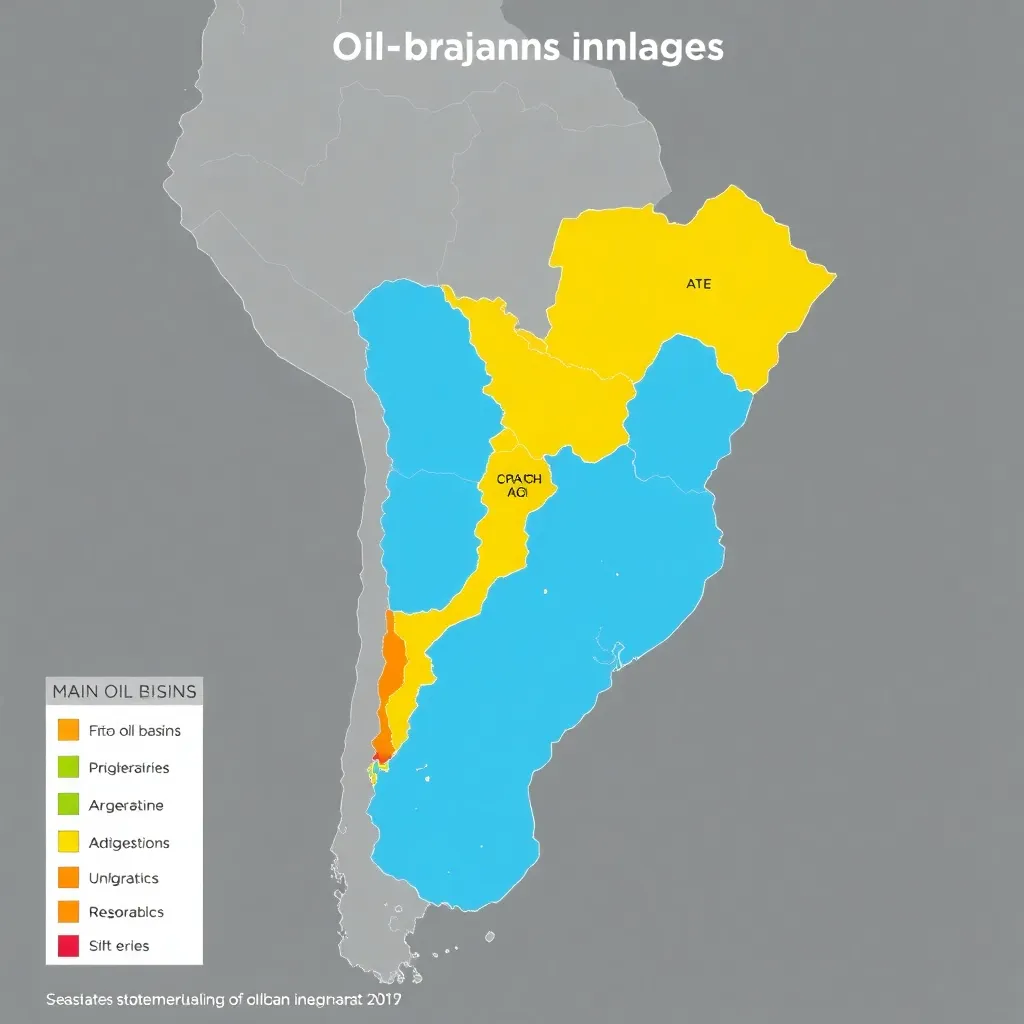 Mapa de las principales cuencas petroleras de Argentina con indicadores de producción