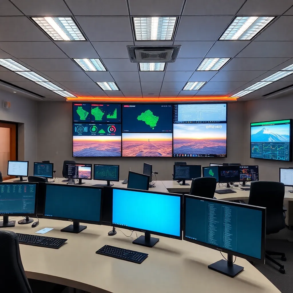 Centro de control moderno para operaciones midstream con múltiples pantallas de monitoreo