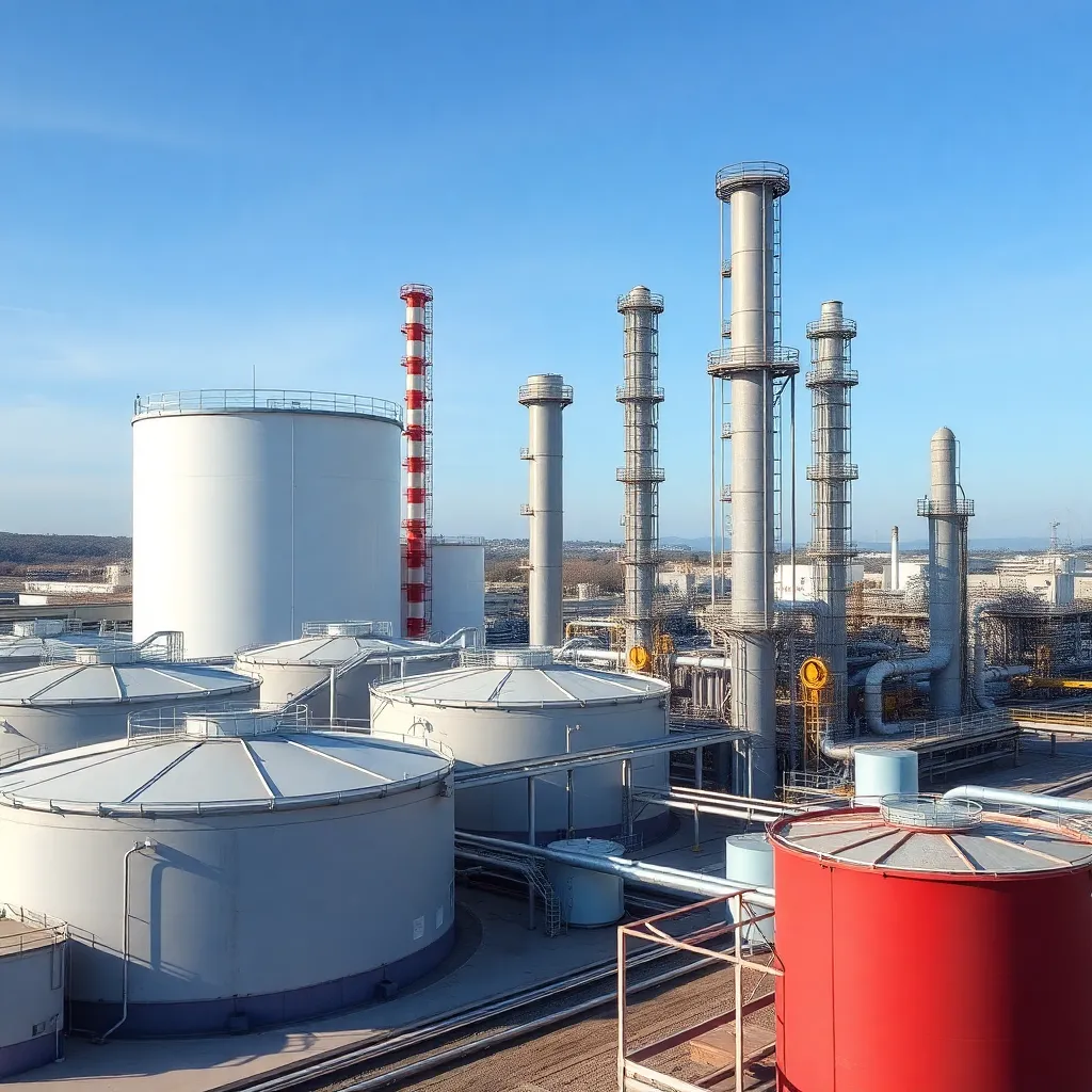 Refinería petrolera moderna en Argentina con tanques de almacenamiento y torres de procesamiento