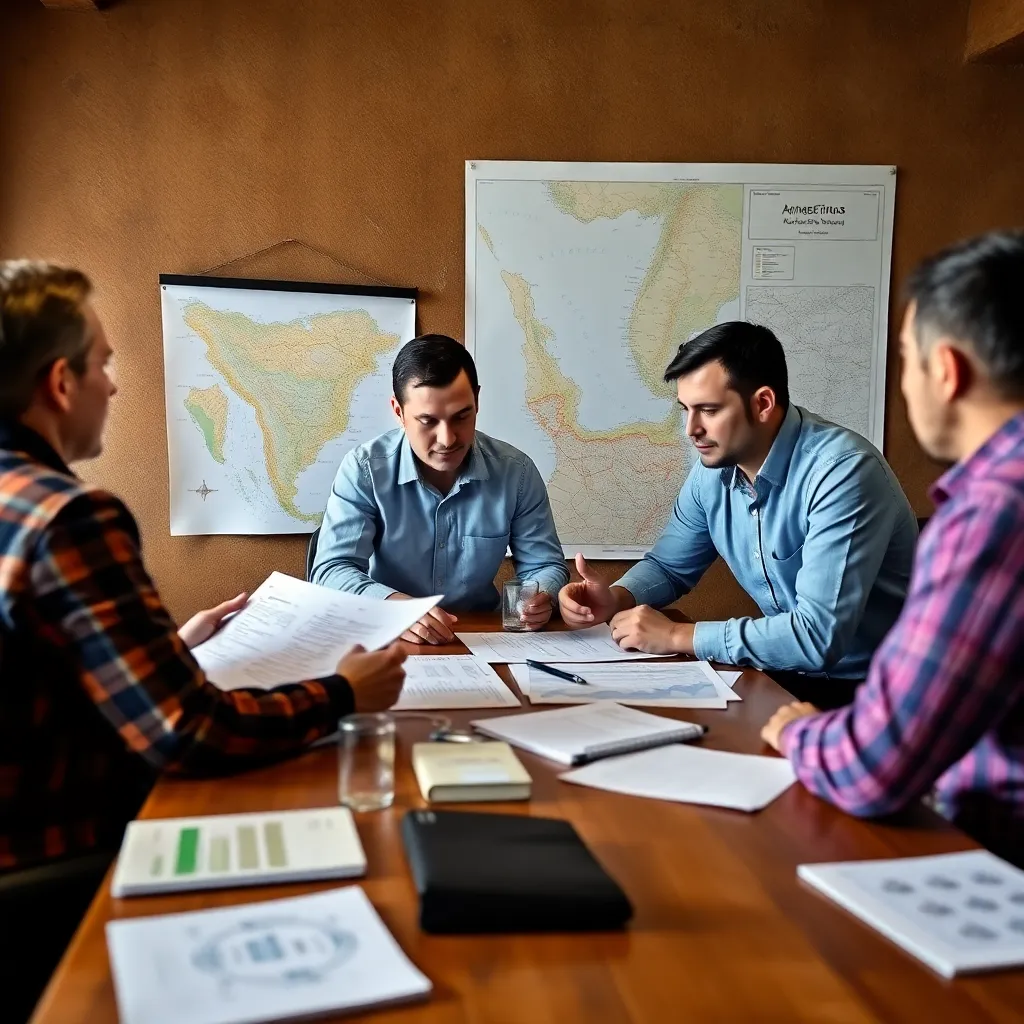 Reunión de equipo de consultores analizando mapas de yacimientos y documentos regulatorios
