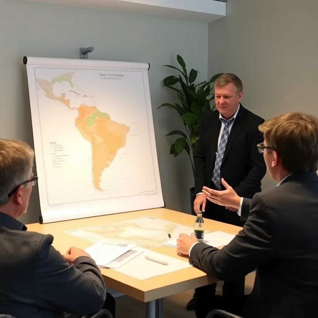 Reunión de consultoría petrolera con mapas de yacimientos argentinos