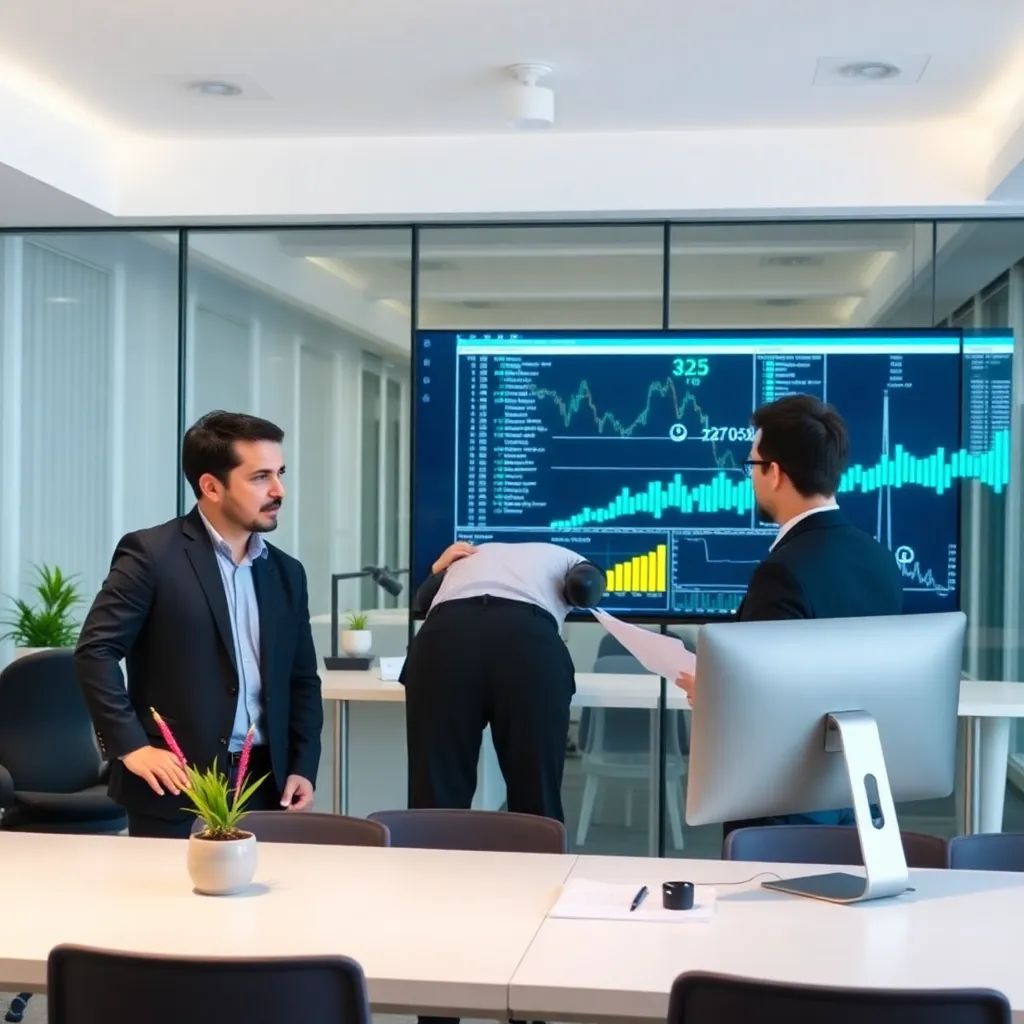 Expertos petroleros analizando datos en una oficina moderna en Buenos Aires