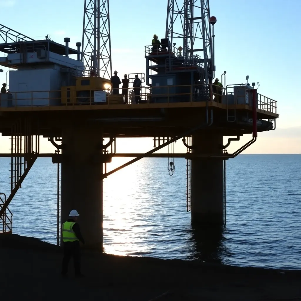 Plataforma petrolera en Vaca Muerta con técnicos trabajando