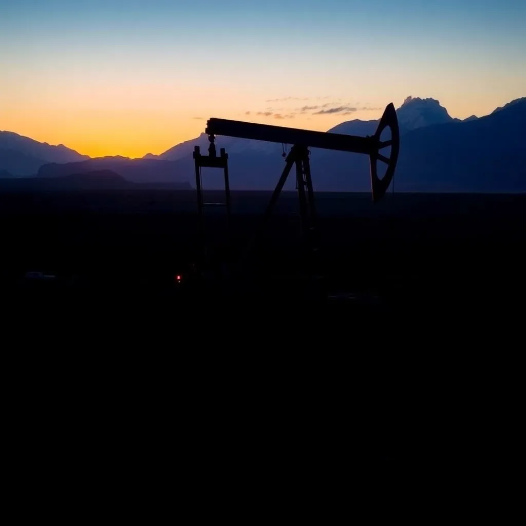 Torre de extracción petrolera en Vaca Muerta con paisaje patagónico al atardecer