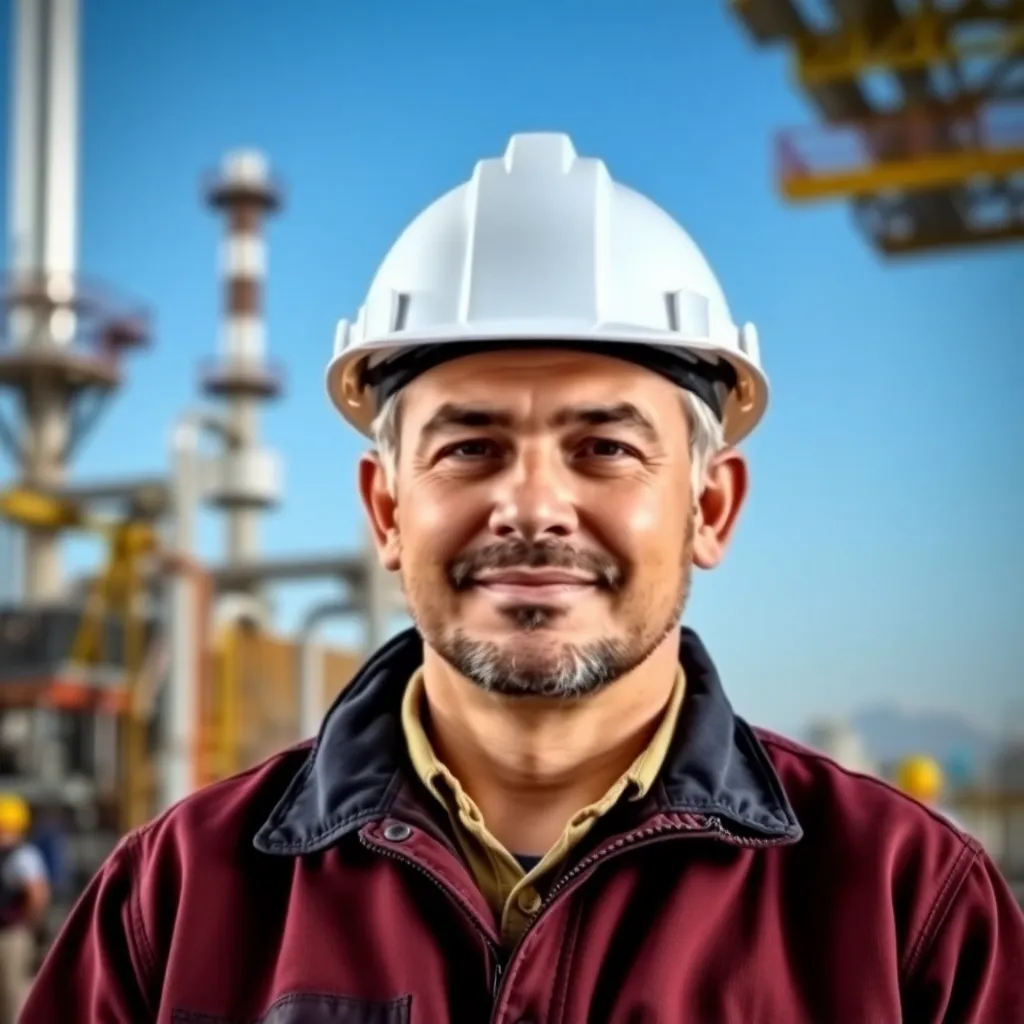 Gerente técnico de refinería argentina con casco de seguridad
