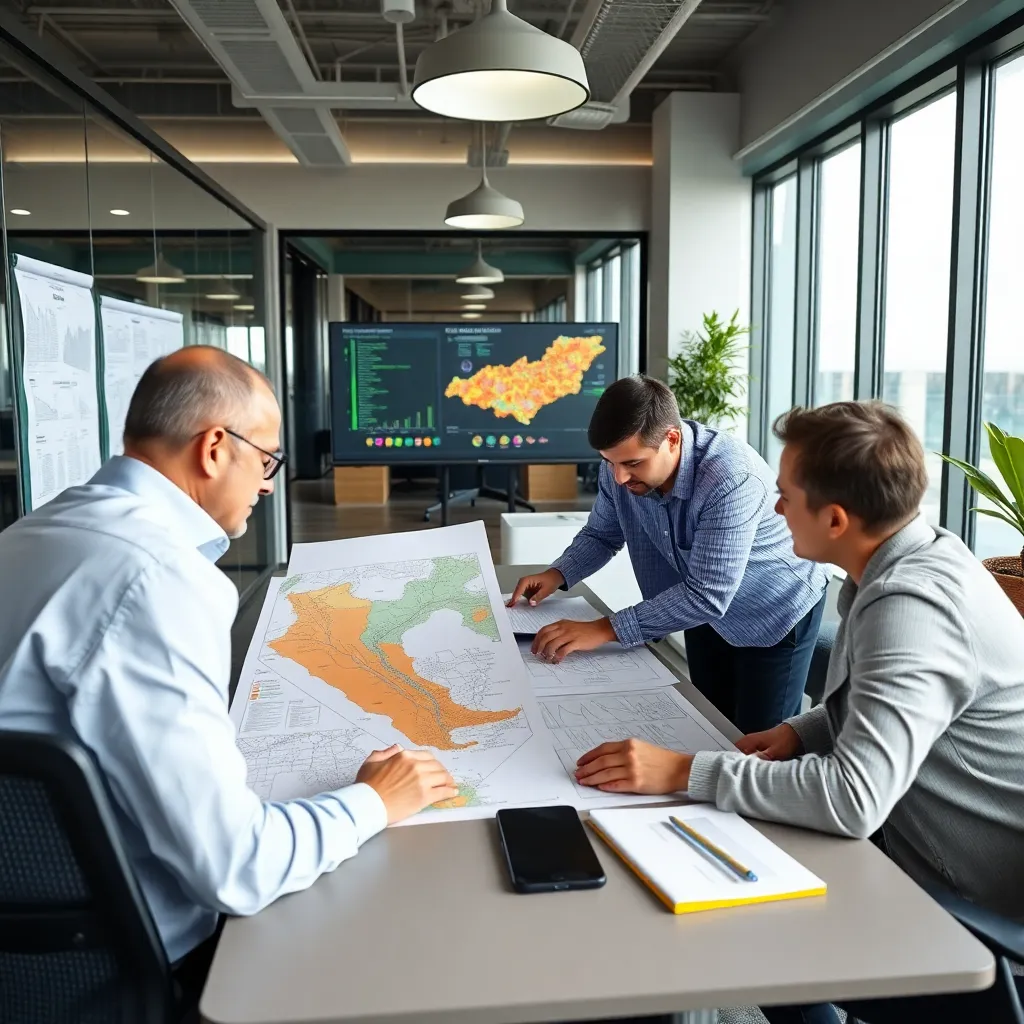 Equipo de consultores petroleros analizando mapas y datos de yacimientos argentinos en una oficina moderna